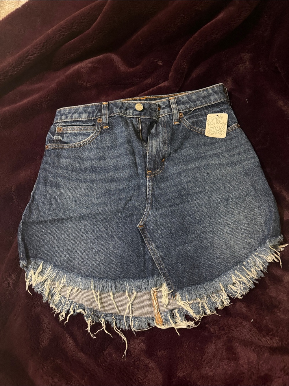 We The Free Blue Distressed Frayed-Hem Denim Mini Skirt